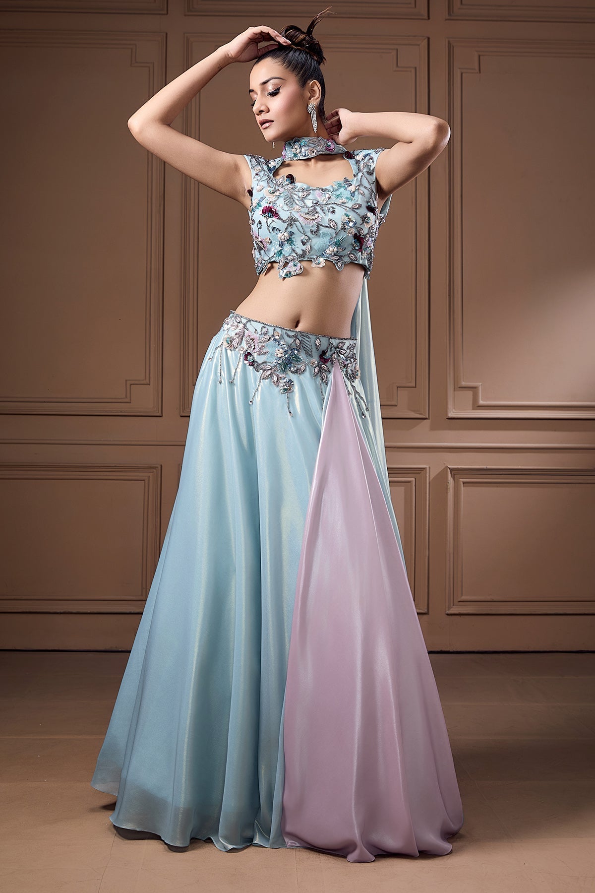 Buy Blue Sequins Floral Lehenga Set by Label Kaleido for Women online at ScrollnShops
